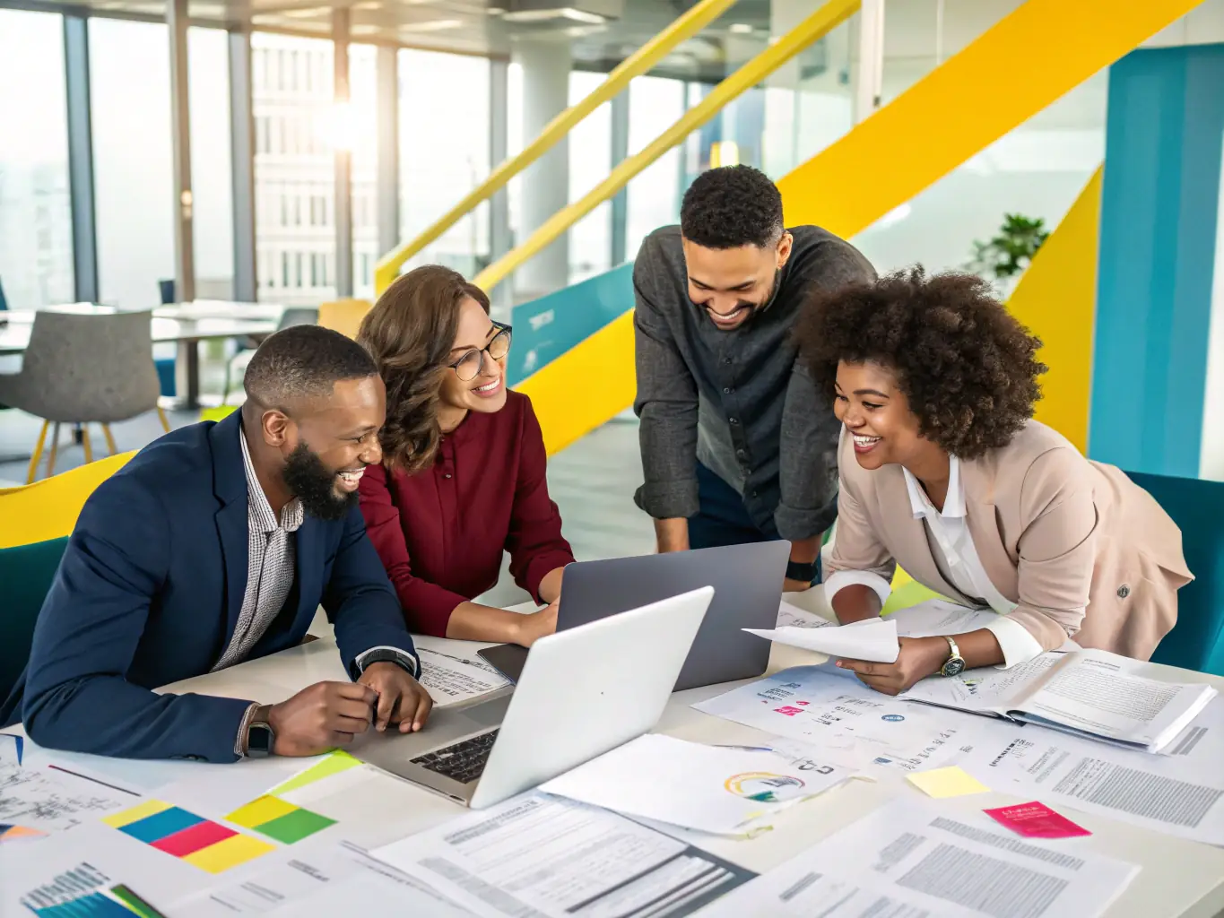 A diverse group of employees collaborating in a bright, modern office space, symbolizing improved employee engagement and a positive work environment.