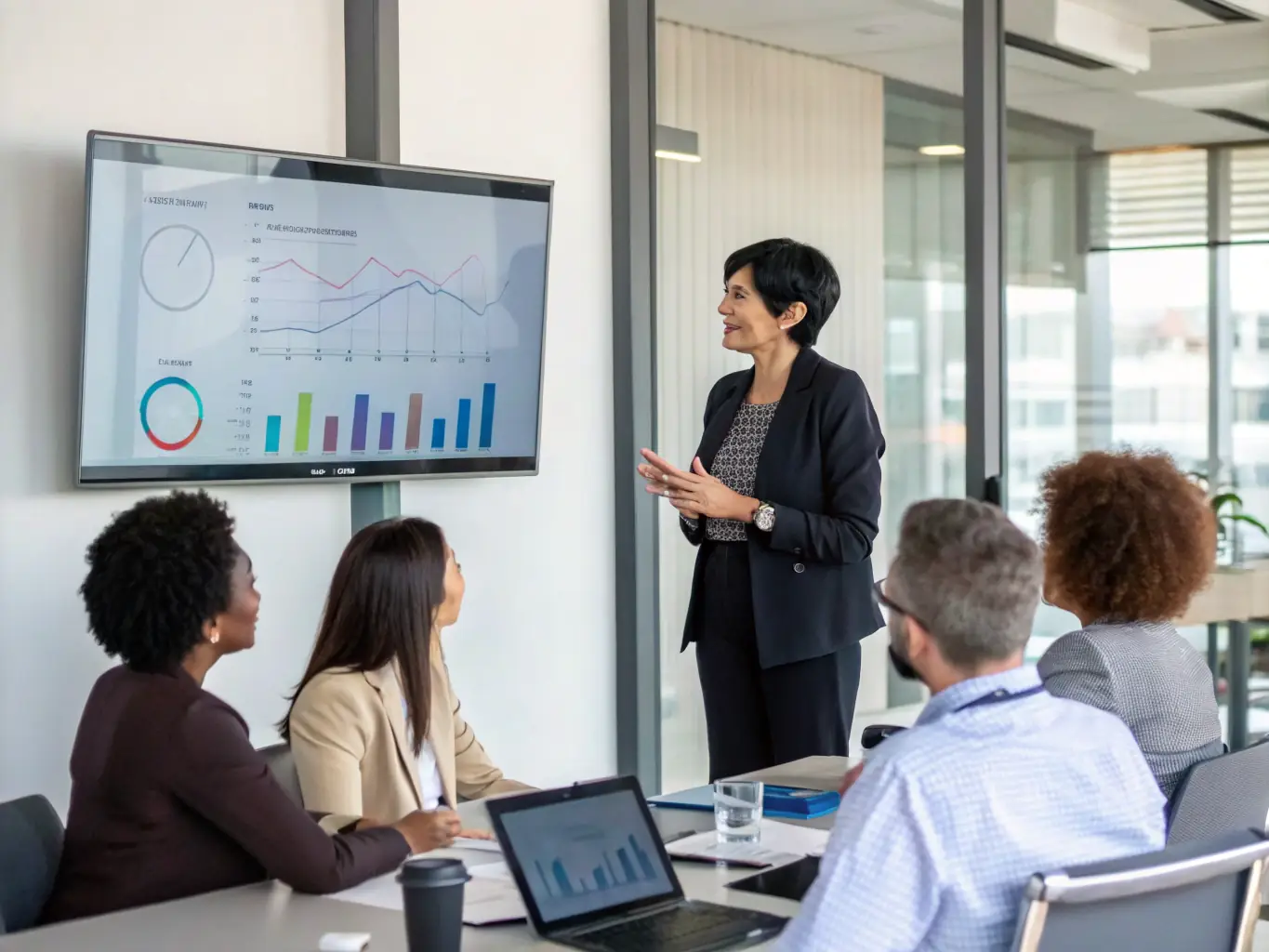 A professional businesswoman in a modern office setting, confidently leading a meeting with her team, discussing HR strategies and business growth.