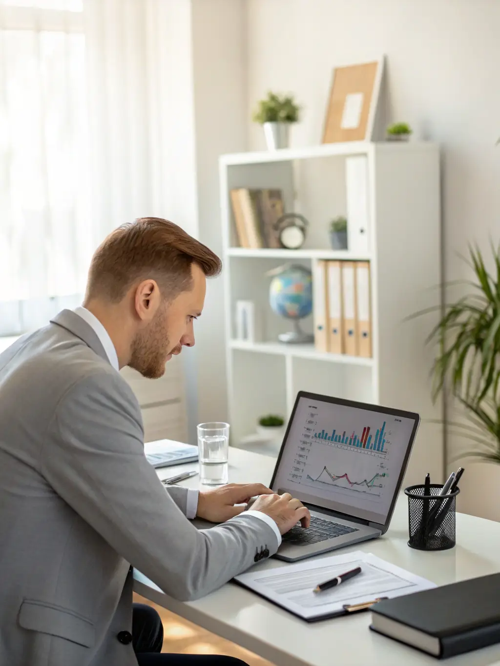 An image of a consultant conducting a culture survey with employees, analyzing results on a tablet or computer.