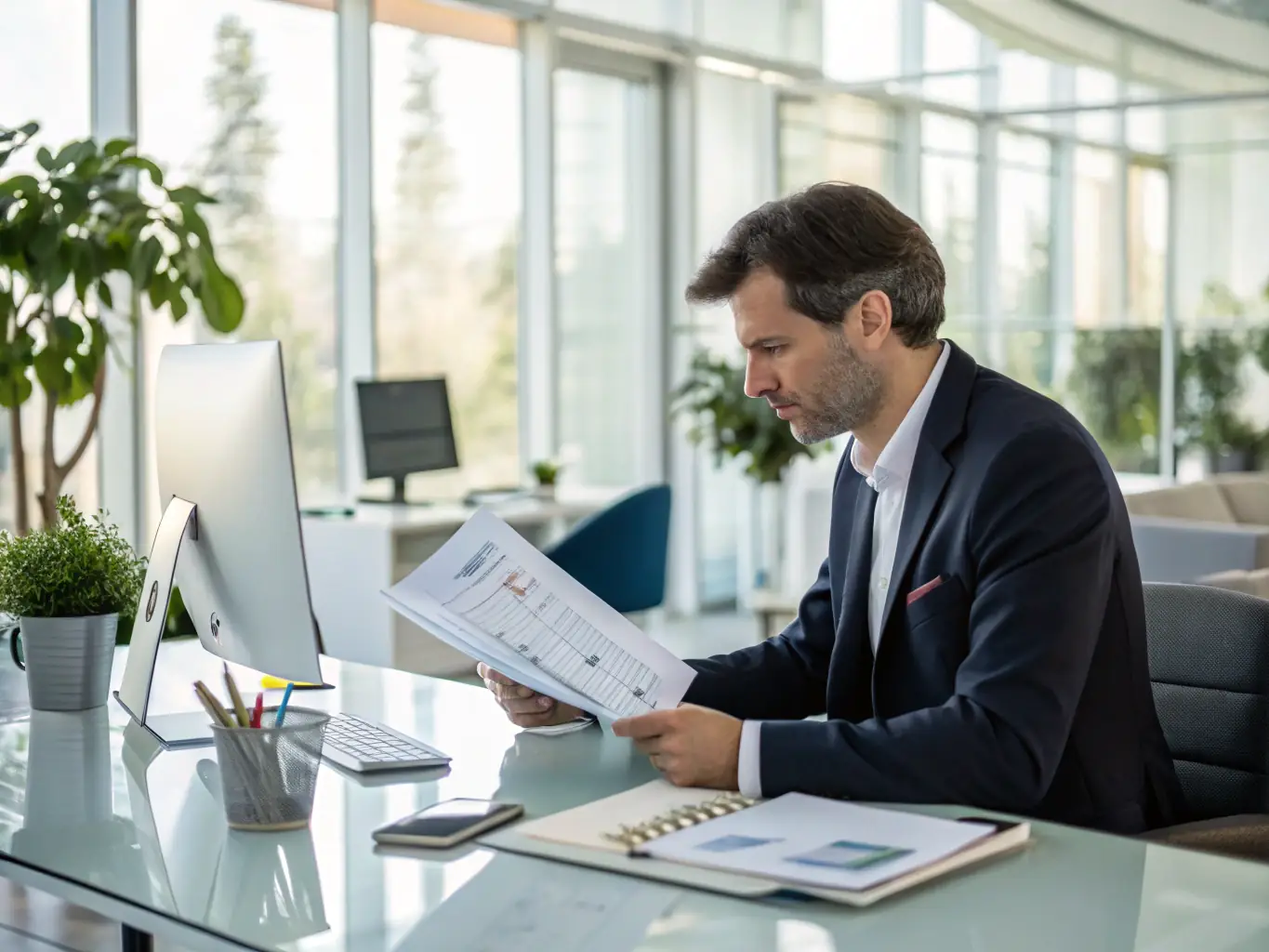 A confident business leader sits at a modern desk, deep in thought, reviewing strategic documents and charts, with a city skyline visible through the window, conveying decision-making under pressure.