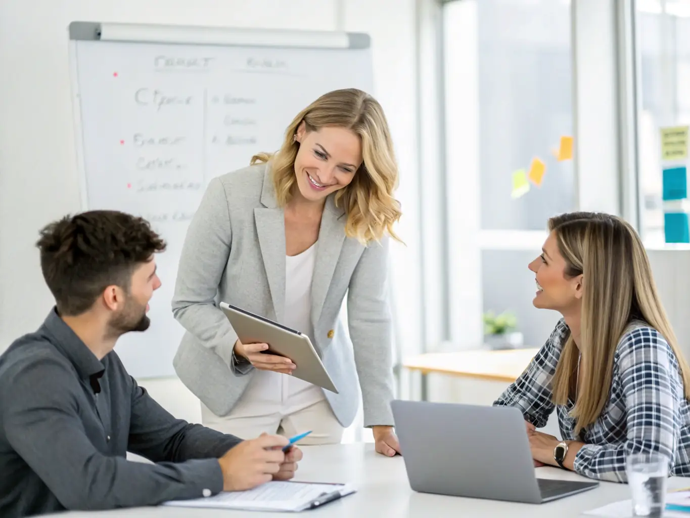 A professional consultant in a business meeting, presenting a customized CRM workflow diagram to a small team in a modern office, emphasizing collaboration and tailored solutions.