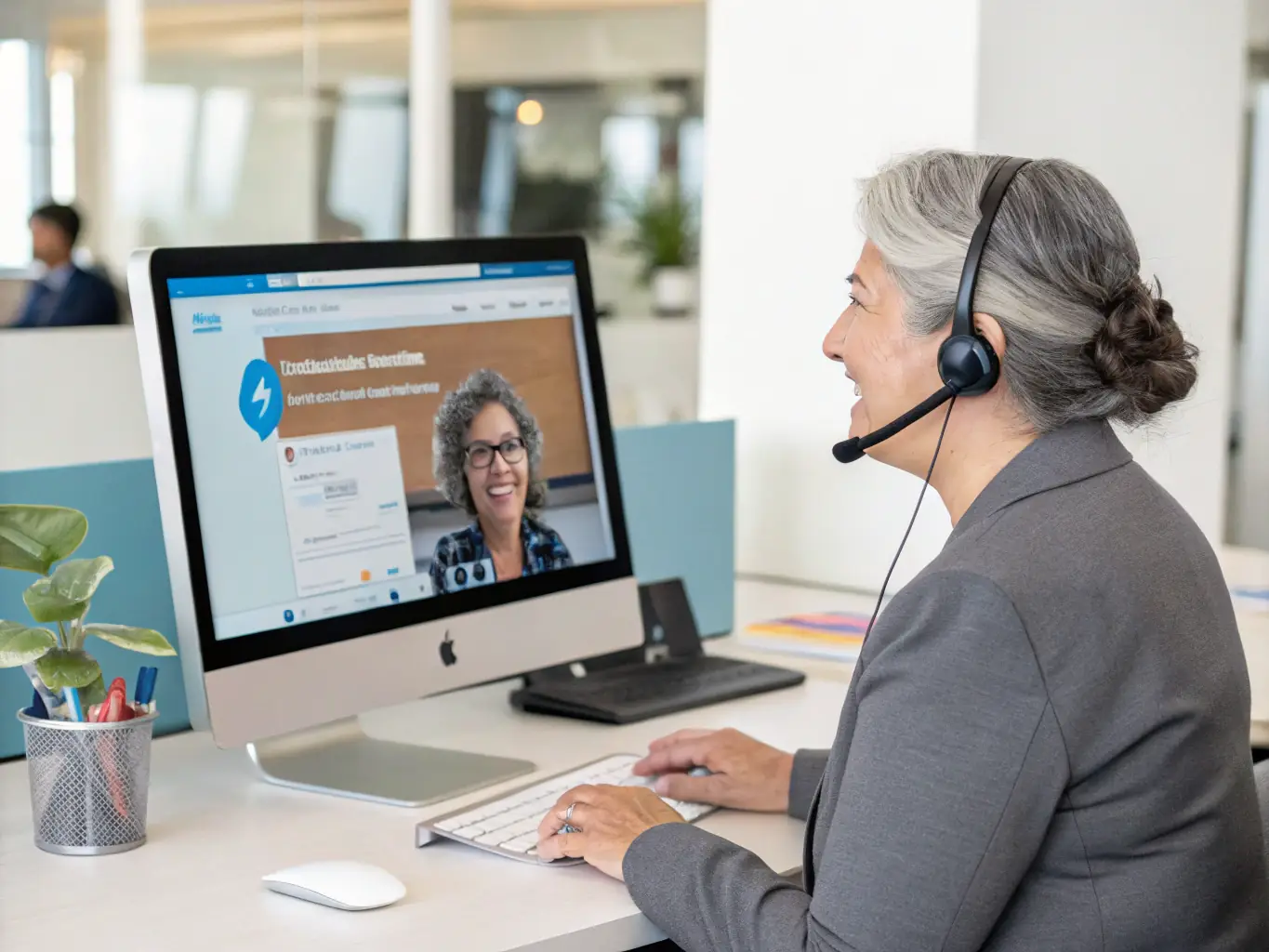 A friendly support specialist assisting a client via video call, with visible CRM dashboards on screen, illustrating ongoing partnership and responsive service.